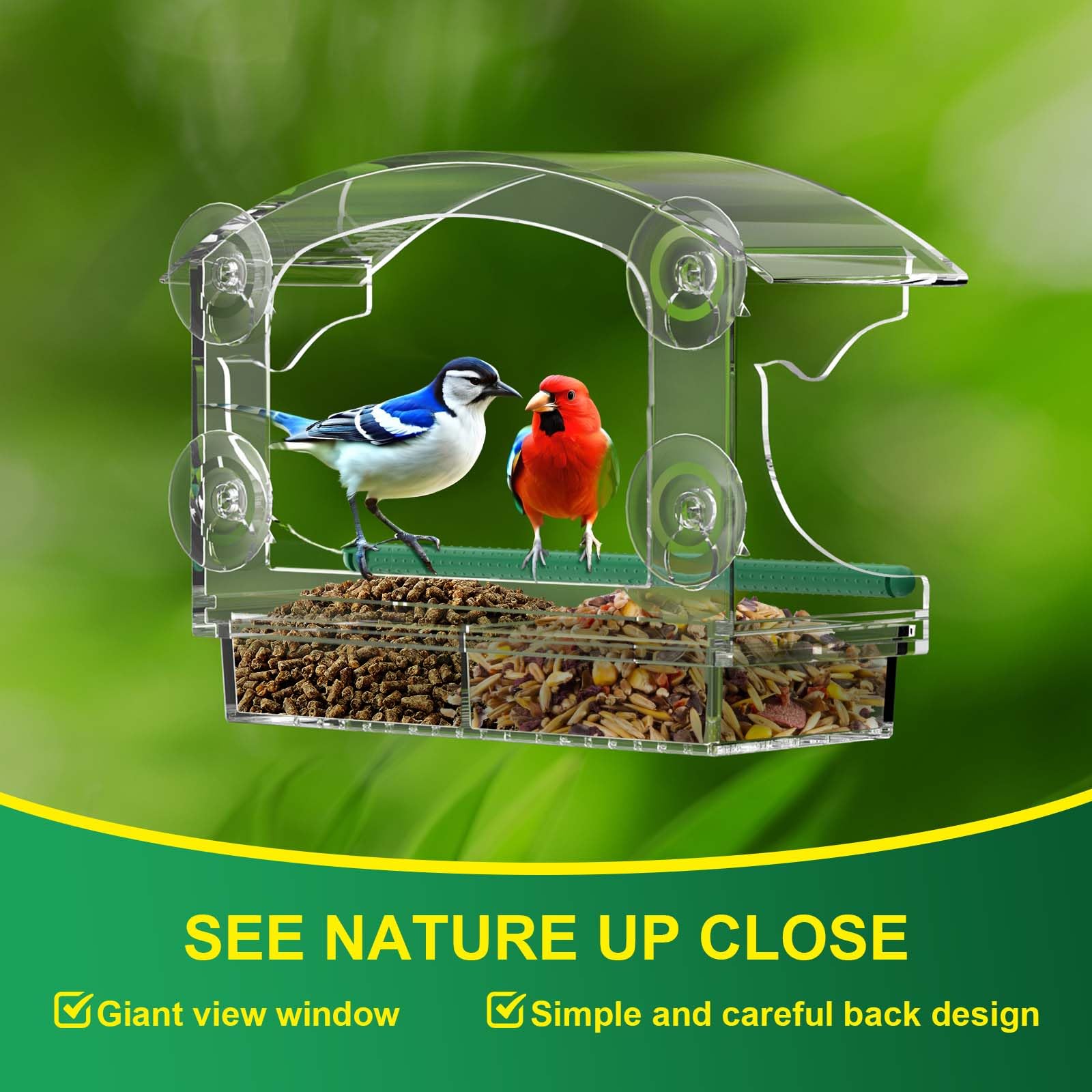 Window Bird Feeders with 4 Strong Suction Cups and Detachable Seed Tray for Small Birds only, BPYOT Acrylic Clear Bird Feeders are Unique Gardening Gifts for Elderly Grandpa/Grandma/Grandparents