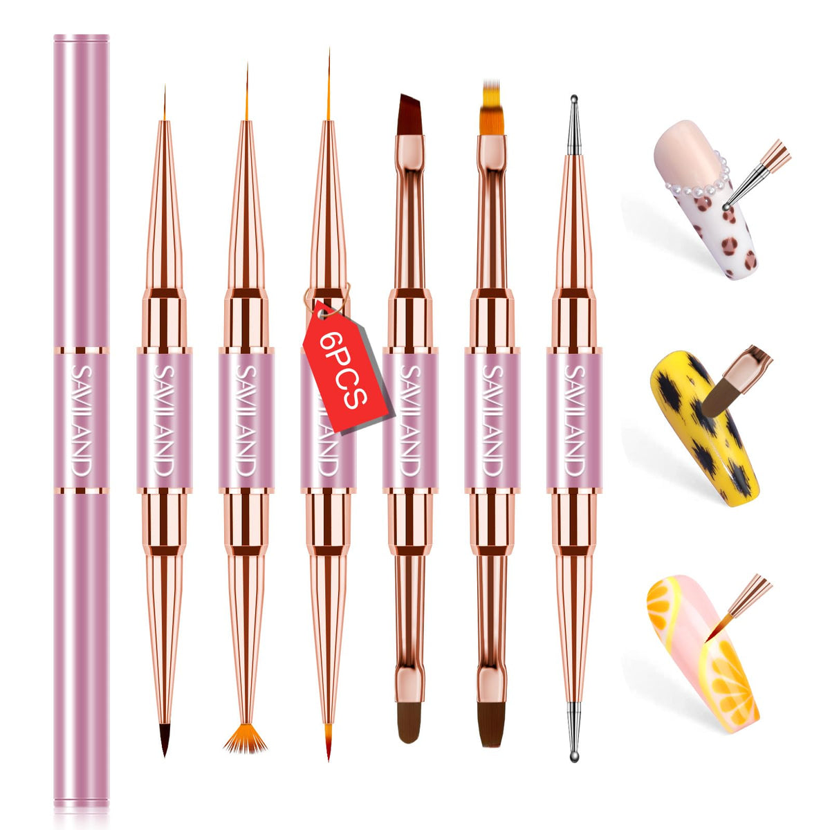 Saviland Nail Art Brushes 3Aand Level Bristles, 6Pcs Rose Gold Strong Metal Tube Nail Brushes for Nail Art, Nail Art Pens Nail Brush Nail Art Liner Brush Dotting Tools Set for Home DIY Manicure