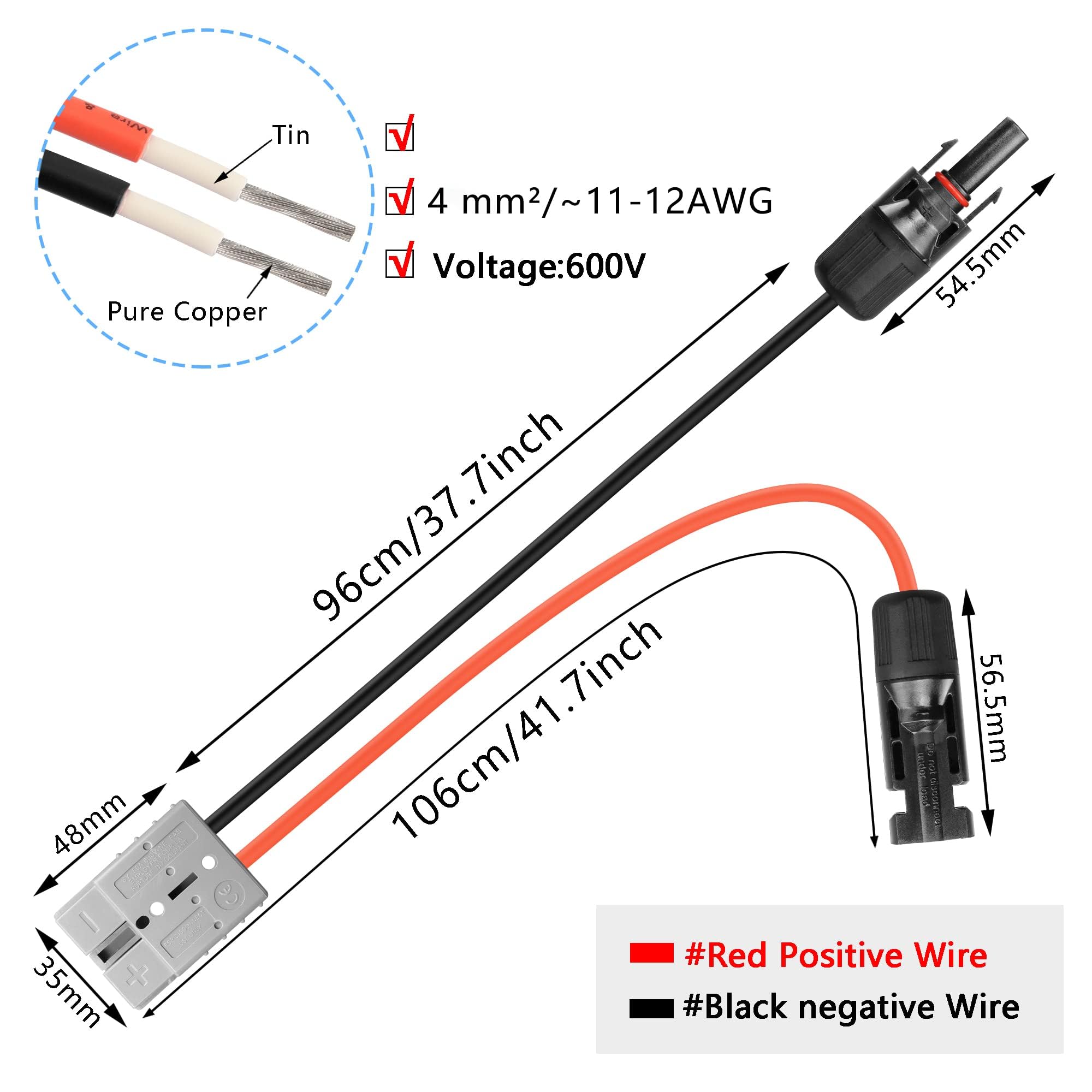 YAODHAOD Solar Cable 6mm² to 50A Adapter,TUV Certified Photovoltaic Cable with 50A Connector for Solar Panel, Portable Solar Generator Power Station(50A Plug to Solar Plug 4mm² 1M)