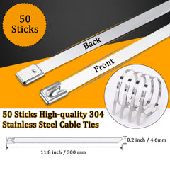 Stainless Steel Cable Ties, Deecam 50 Pcs 4.6×300mm Metal Cable Tie, 304 Stainless Steel Zip Ties with Steel Ball Stopper, Suitable for Binding Cable, Garden Repair (50 Pcs)