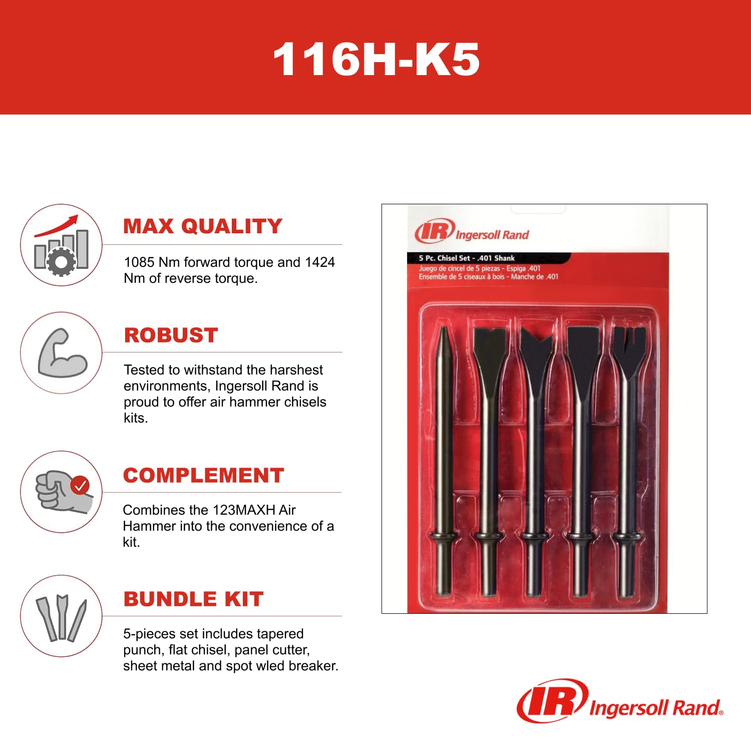 Ingersoll-Rand Ingersoll Rand Chisel Set 116H-K5, Power Tools Accessory, for Air Hammer, 5-Pieces