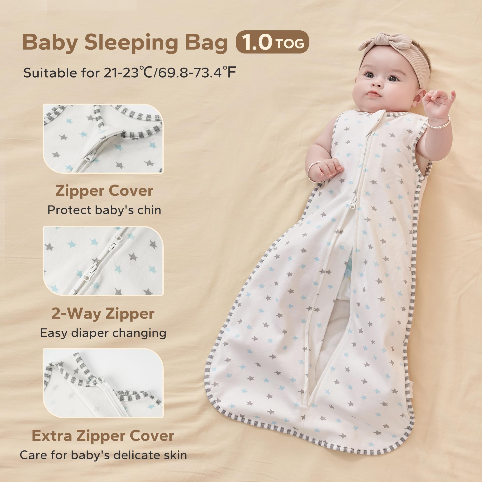 TURMIN Baby Sleeping Bag 1.0 Tog,Newborn Sleep Sack 100% Cotton Sleeveless Wearable Blanket for Newborn Baby Gift, Star, S(0-6 Months)