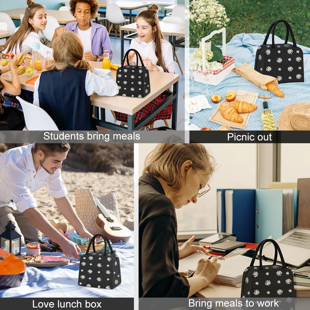 TIECHI Insulated Lunch Bags Small for Women Work School Kids Students Packed Lunch Sandwich Food Cold Bag Tote Cool Bag Reusable Foil Fabric Picnic Lunch Box Organizer (Black)