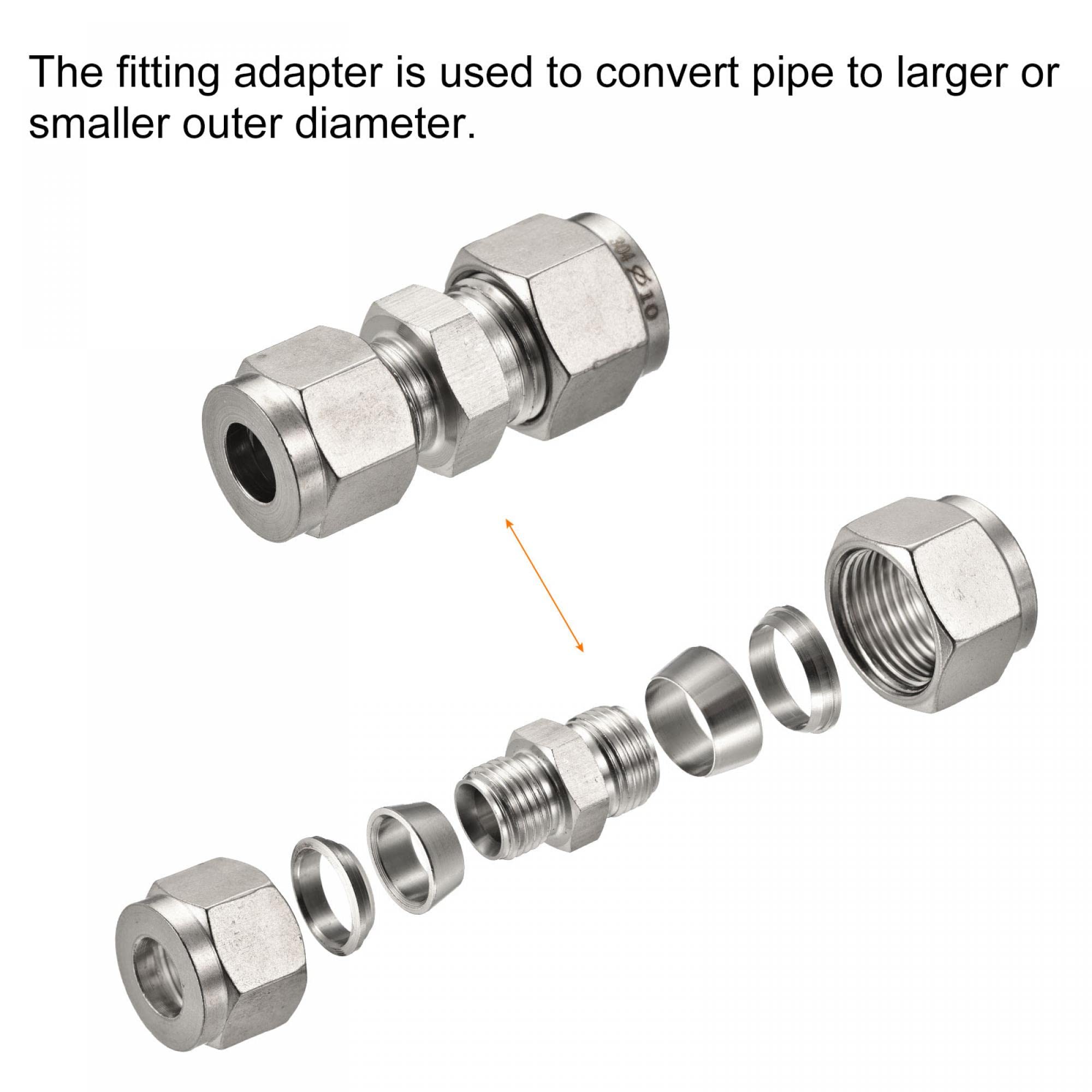 sourcing map Compression Tube Fitting 304 Stainless Steel 8mm x 10mm Tube OD Double Ferrule Straight Coupling Adapter