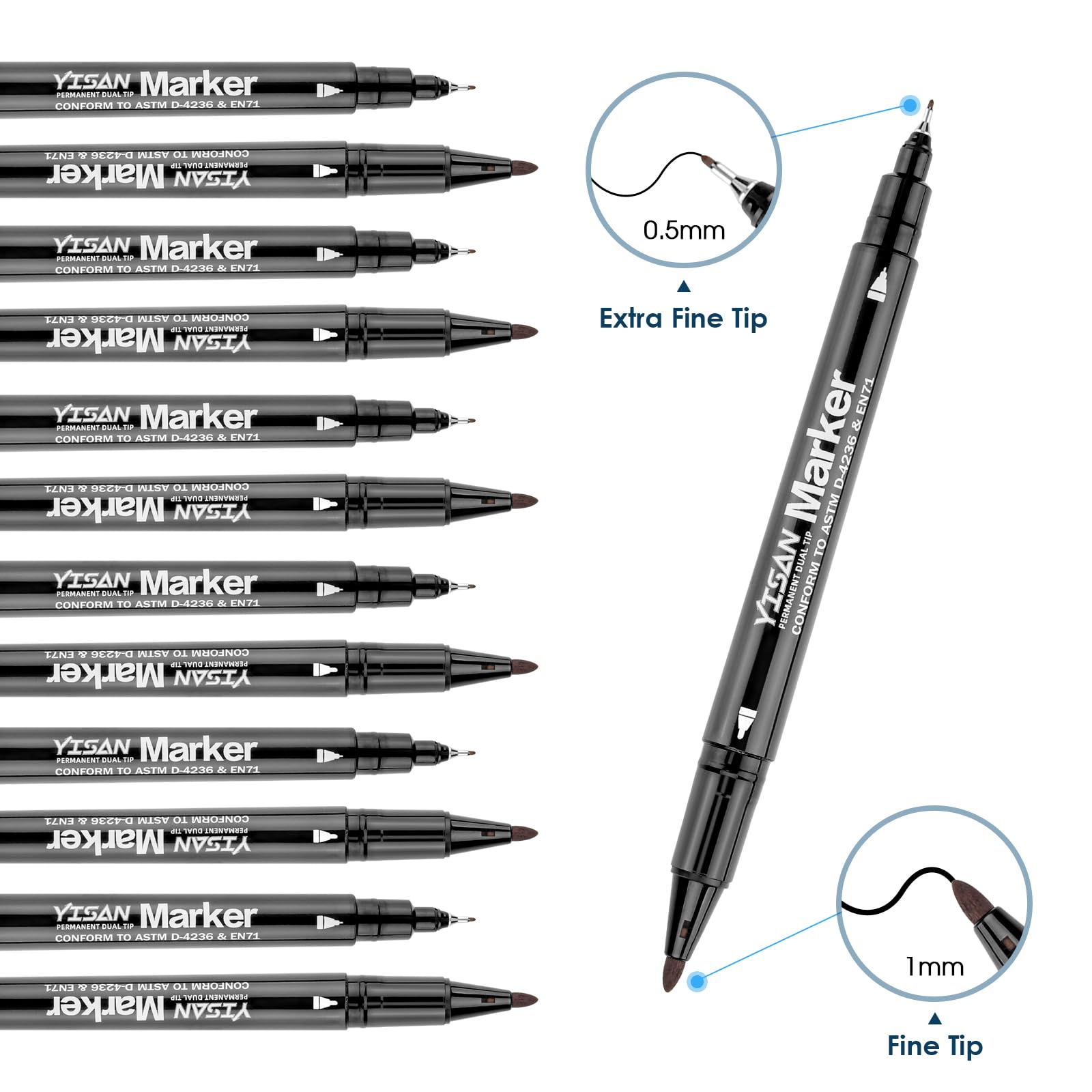 YISAN Twin Tip Permanent Marker Pens,12 Ultra Fine Point Black CD Permanent Marker Set for Glass, Plastic,Wood,Stone,70788