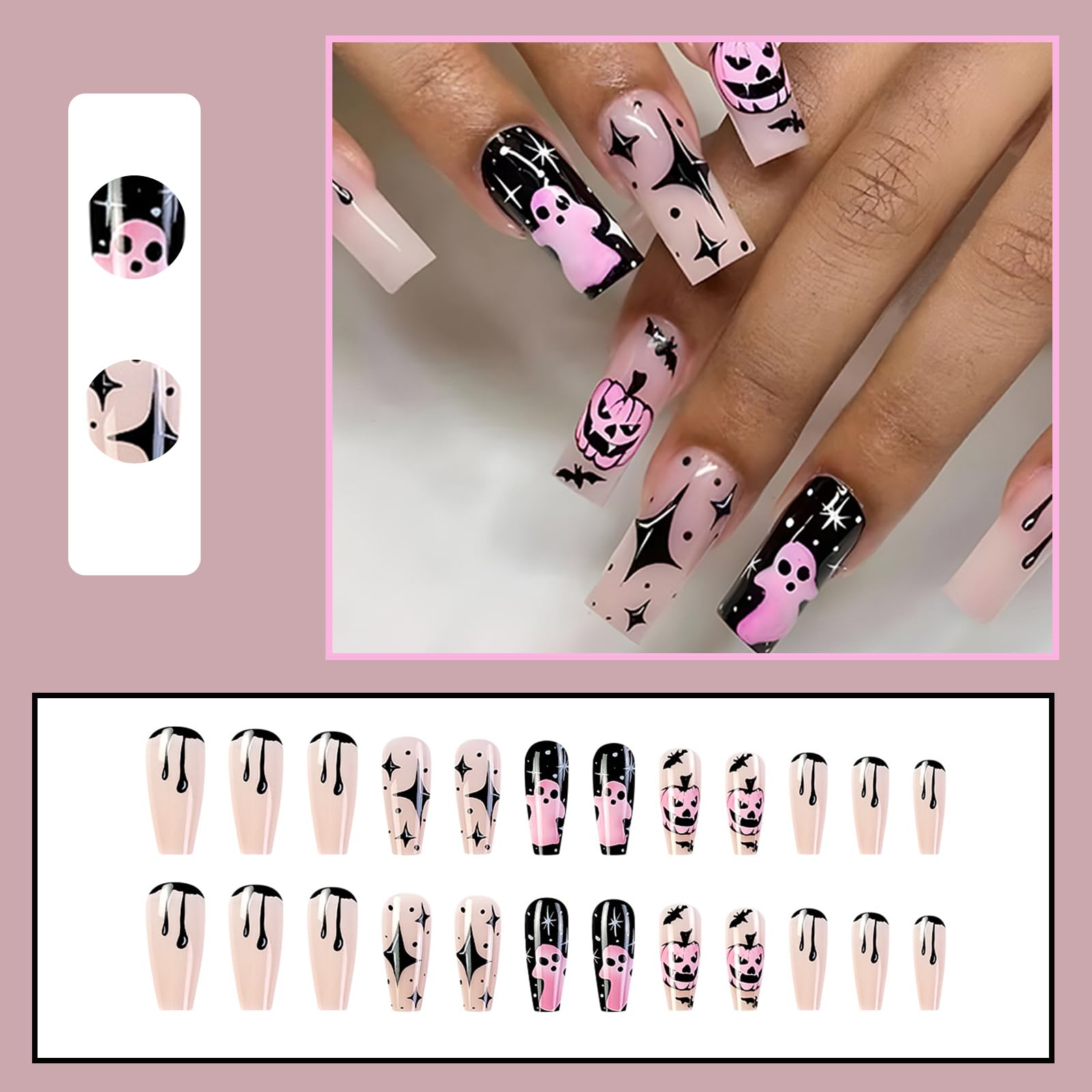 Ceboic 24Pcs Halloween False Nails Long Coffin, French Tips False Nails Glossy Pink Pumpkin Press on Nails Cute Acrylic Full Cover Stick on Nails for Women and Girls DIY Nails Art