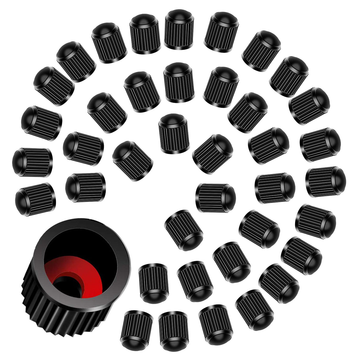 40pcs Tyre Valve Caps, Plastic Car Tyre Valve Dust Caps Universal Tire Stem Covers with Red Seal Ring, Black Wheel Dust Caps for Cars, Bikes, Trucks, Bicycle and Motorbike - Airtight Seal   Screw-On