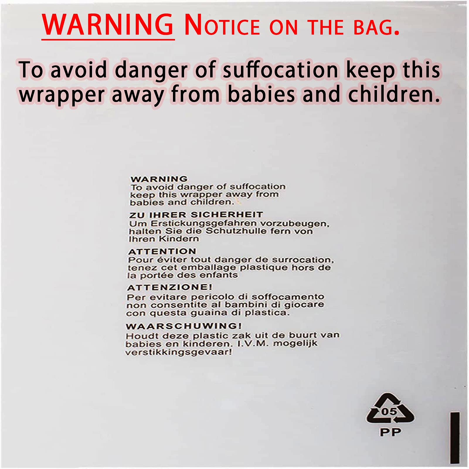 100 x Self Seal Clear Cellophane Plastic Bags (Size - 8 x 10 inches) Transparent Packaging Poly Bags with Suffocation Warning in 5 Languages - Display Garment Bags