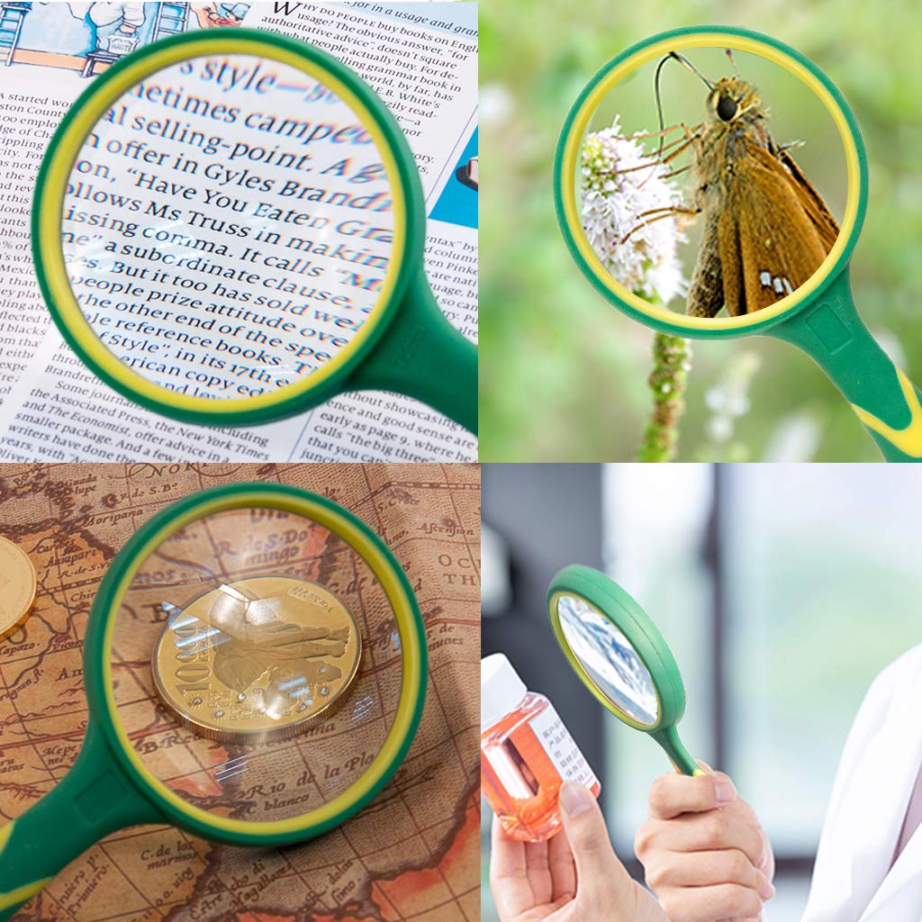 Magnifying Glass 4X-5X Large Handheld Magnifier with Cleaning Cloth - 75mm Thickened Lens Frame Non-Slip Soft Rubber Handle for Seniors Reading Kids Observation Classroom Science Tool Green OS04