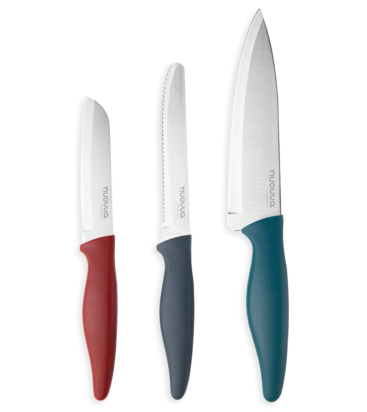 nuovva Sharp Kitchen Knife Set – 3pcs Colour Kitchen Knives – Stainless Steel Non Stick Blades – Includes Chefs Knife, Tomato Knife and Paring Knife