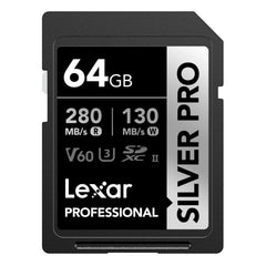 Lexar Silver Pro SD Card 64GB, UHS-II Memory Card, V60, U3, C10, SDXC Card, Up To 280MB/s Read, for Professional Photographer, Videographer, Enthusiast (LSDSIPR064G-BNNAA), Black