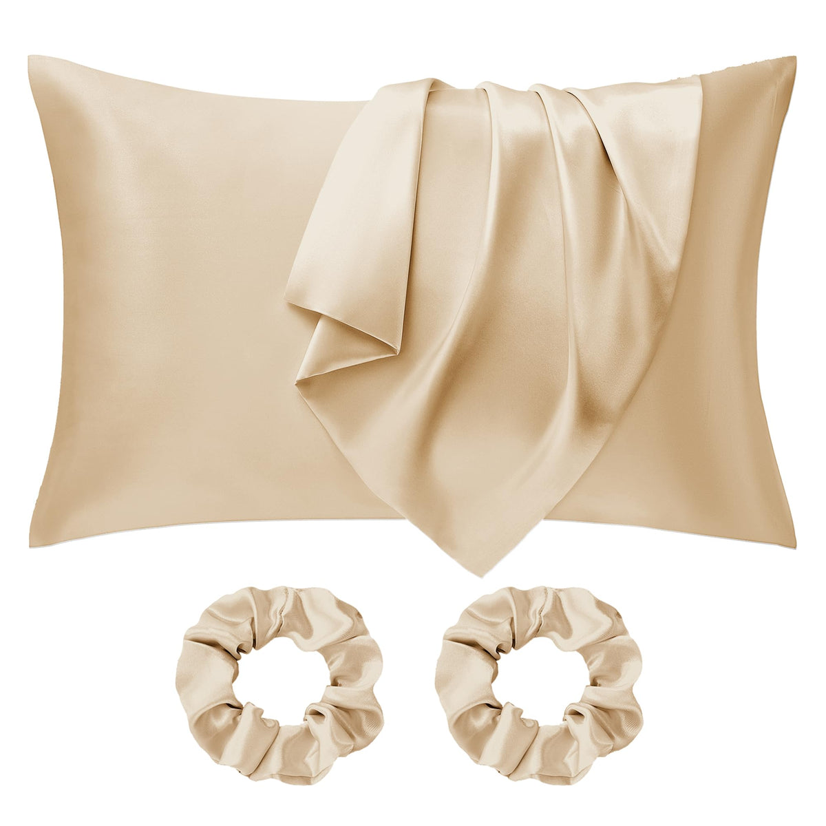 Seiwohl Satin Pillowcases for Hair and Skin 2 Pack & Satin Hair Scrunchies 2 Pcs Set, Silky Silk Pillow Cases with Envelope Closure, Champagne, Standard Size 50x75 cm