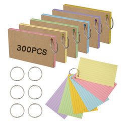 Zuimei 300PCS Flash Cards Ruled Index Cards Revision Cards with 6 Binder Rings, 12.7x7.6cm Kraft Paper Flashcards Lined Record Cards Study Cards for Office School Home Learning