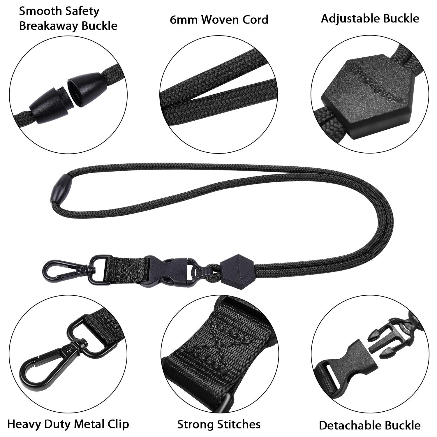 wisdompro 2 Pack of 23 inch Durable Round Cord Adjustable Lanyard with Safety Breakaway Buckle, Detachable Buckle and Heavy Duty Metal Hook for ID Card Badge Holder and Keys - Black