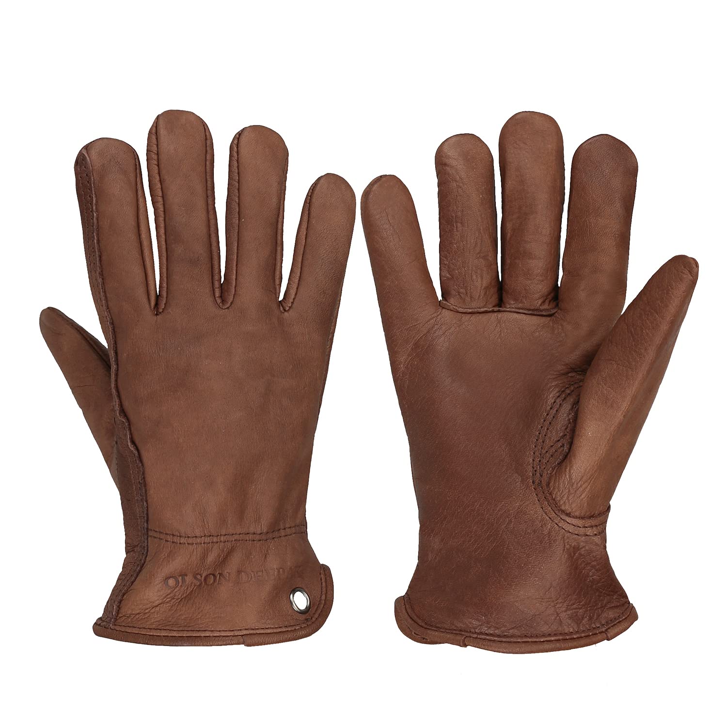 OLSON DEEPAK Cowhide Leather Gloves for Men&Women,Brown Moterbike Leather Gloves,Thorn Proof Garden Work Gloves,Outdoor Camping leather gloves (Medium, Retro Brown)