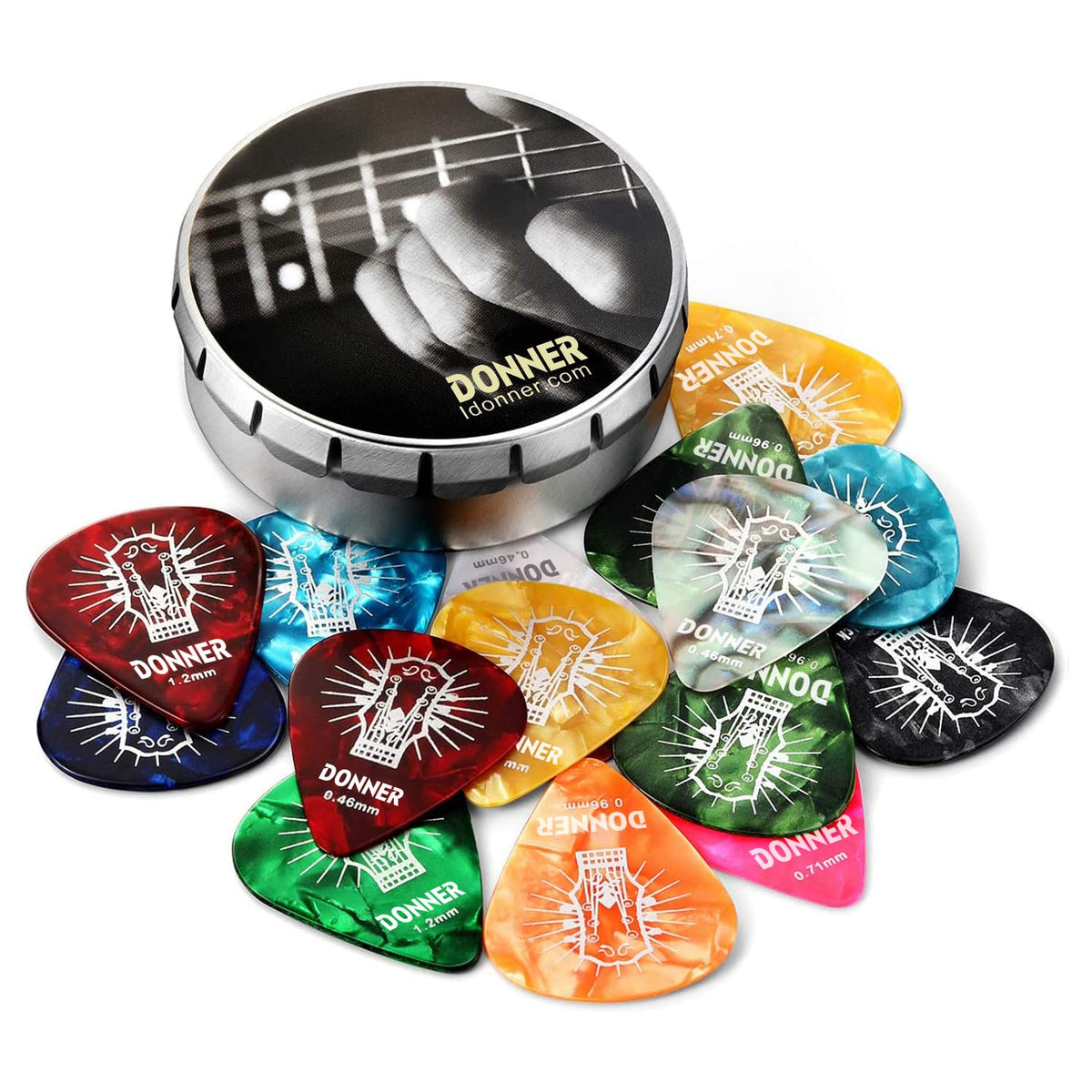 Celluloid Guitar Picks, Donner 16pcs Guitar Plectrum Including Thin, Medium, Heavy & Extra Heavy Gauges (0.46mm-1.2mm)