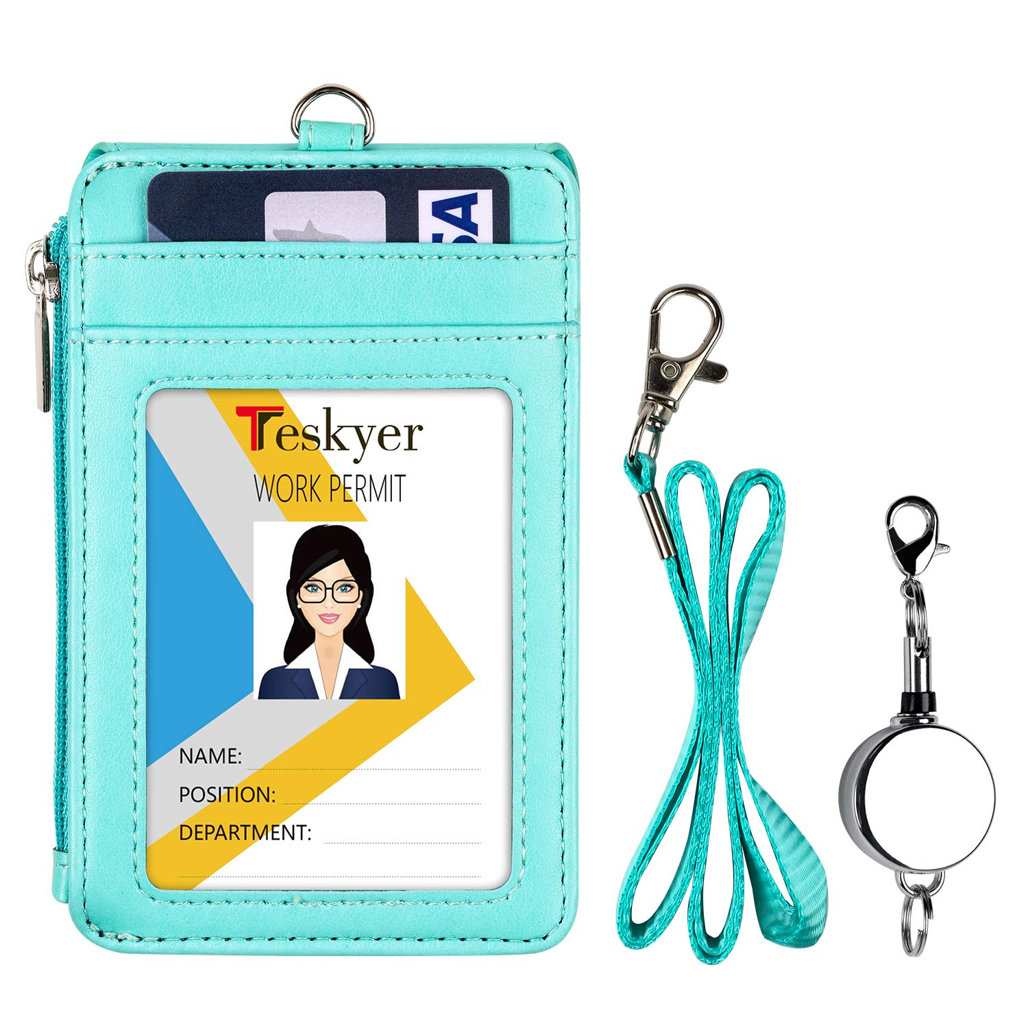 Teskyer Card Holder with Retractable Lanyard, Badge Holder with Zipper Pocket and Holds 4 Cards, Vertical Card Holder with Clear Window, PU Leather, Cyan