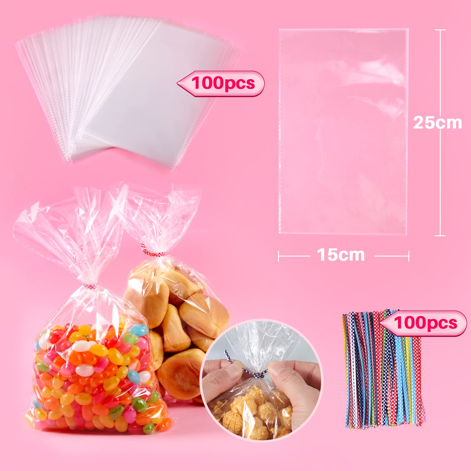 ihaspoko 100 Pieces Transparent Cellophane Bags with 100 Twist Ties for Candy Cookies Sweets (25x15cm)