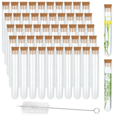 FRIUSATE 50 PCS Plastic Test Tubes, 5ML Clear Plastic Test Tubes with Cork Stoppers, Transparent Sealing Storage Plastic Tube with Cleaning Brush for Flowers Spices Candy Liquid Laboratory