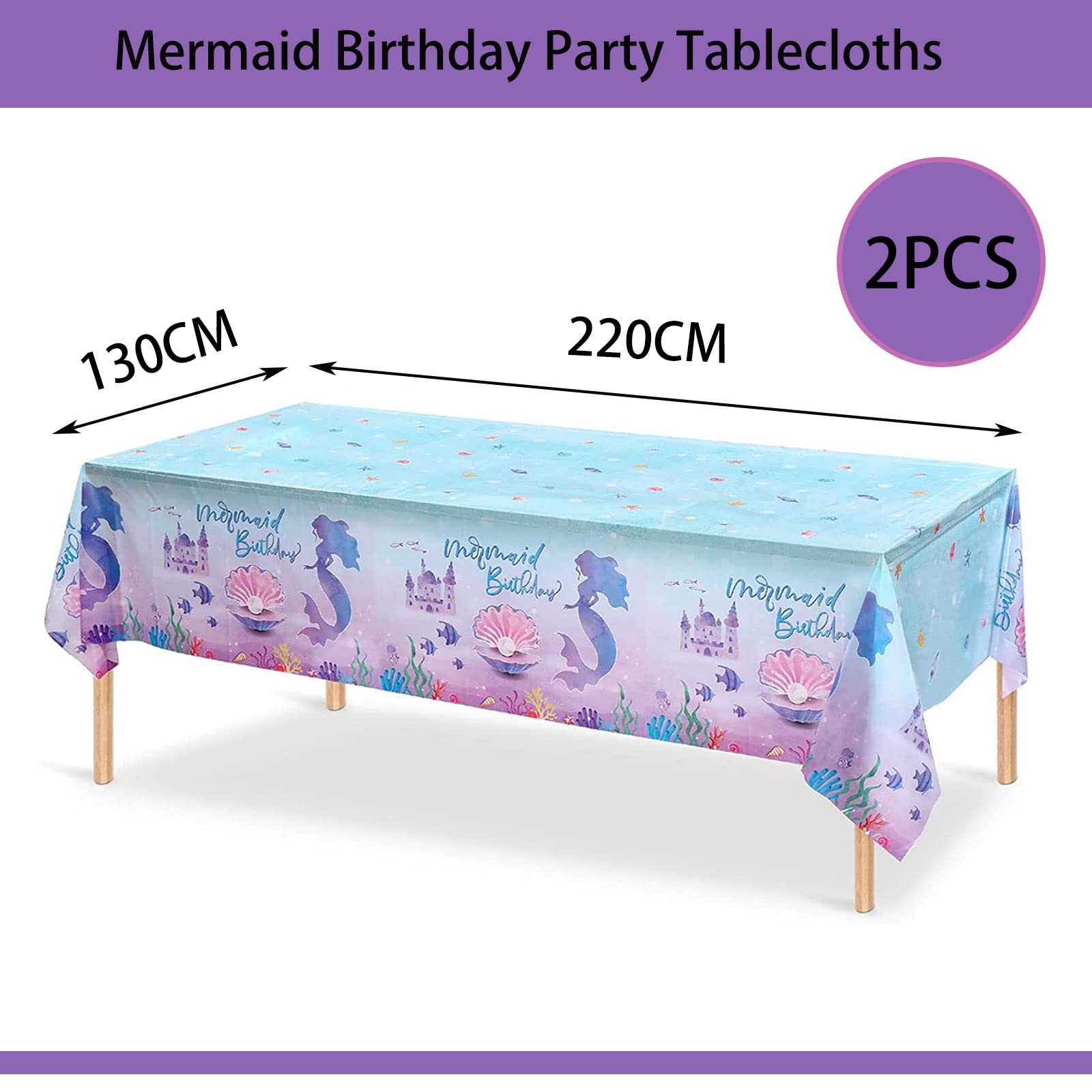 2Pack 130*220cm Mermaid Table Cloth Party Rectangular Plastic Table Cover,Mermaid TableCloth Party for Girls Birthday Parties,Mermaid Print Tablecloth for Mermaid Girls Theme Party Decorations