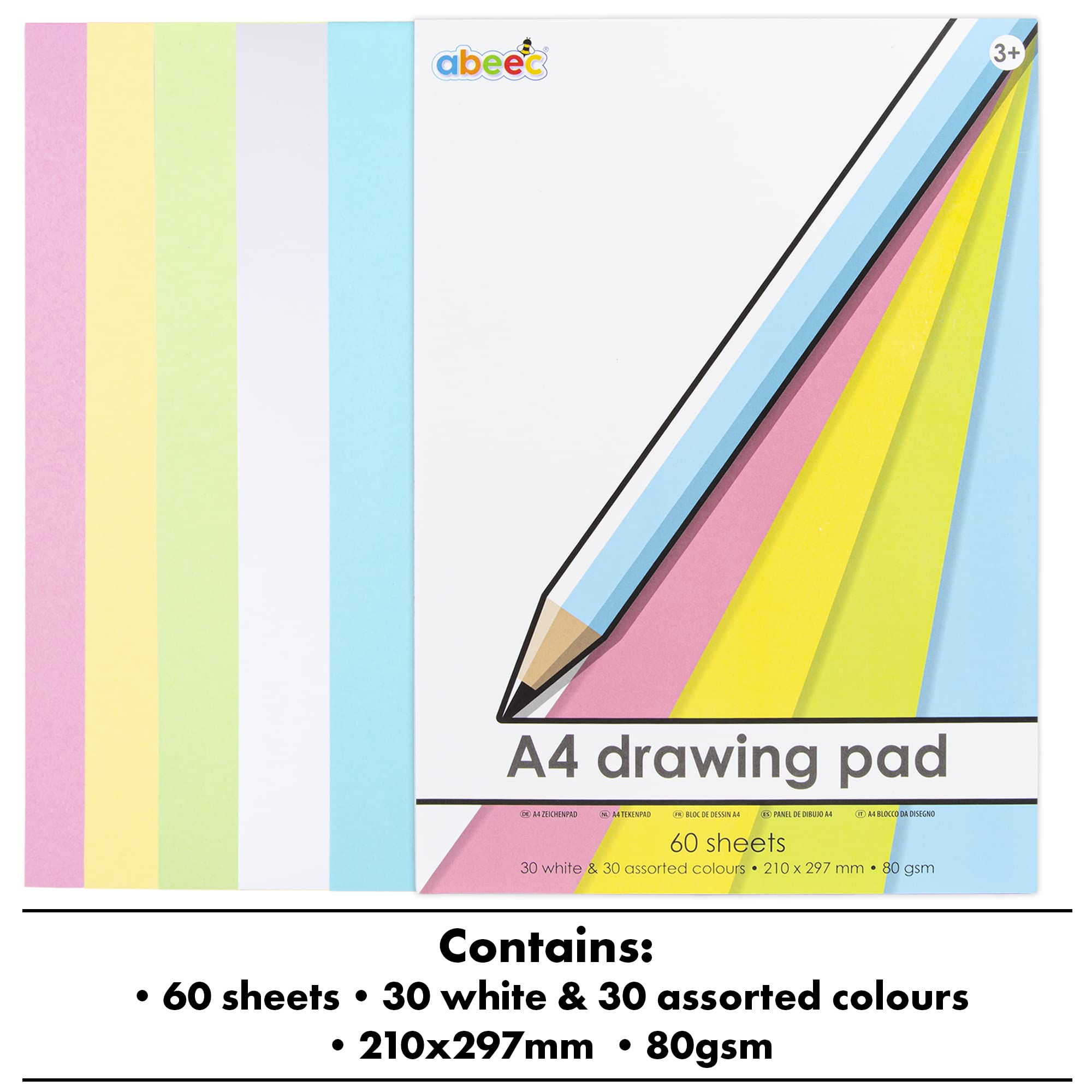 abeec A4 Paper Drawing Pad - 80 Sheet Sketchbook - 40 Plain White Sheets and 40 Coloured Sheets - 60 GSM Paper – Arts and Craft Scrap Book Essential for Kids