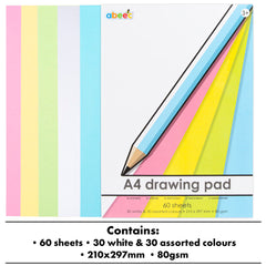 abeec A4 Paper Drawing Pad - 80 Sheet Sketchbook - 40 Plain White Sheets and 40 Coloured Sheets - 60 GSM Paper – Arts and Craft Scrap Book Essential for Kids