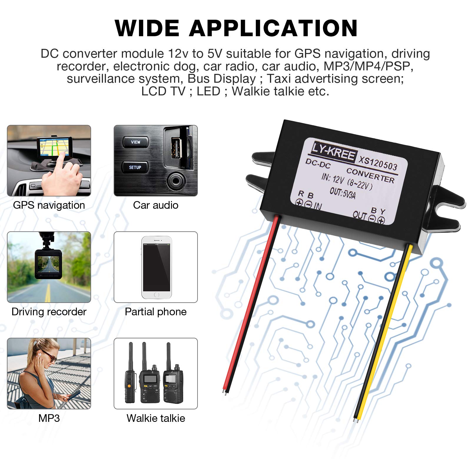 Direct Current Converter 12V to 5V 3A 15W Buck Converter Module, Reduced Voltage Regulator Car Power Converter Output Power Adapter, Wire Interface (1 Piece)