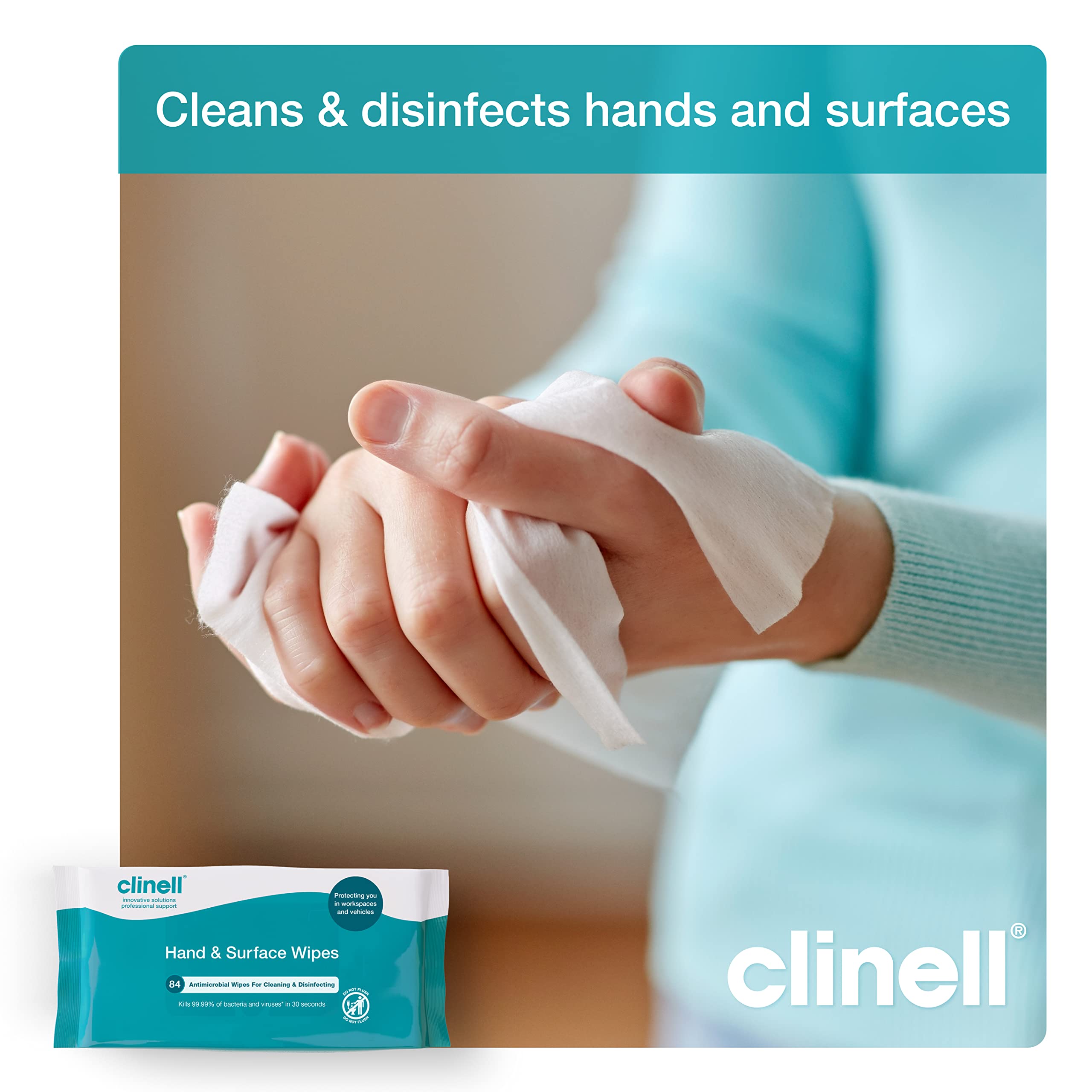 Clinell Antimicrobial Hand & Surface Wipes for Cleaning & Disinfecting - Pack of 1 - 84 Wipes - Sanitising Wipes, Ideal for Travel - Kills 99.99% of Bacteria & Viruses