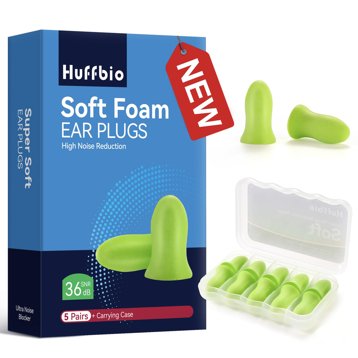 HUFFBIO Revolutionary Ear Plugs for Sleeping Soft Foam, 5 Pairs -36dB,New Noise Cancelling Design, Super Soft & Reusable, for Deep Sleeping, Block Out Snoring, Travel, Concert,Study,Work