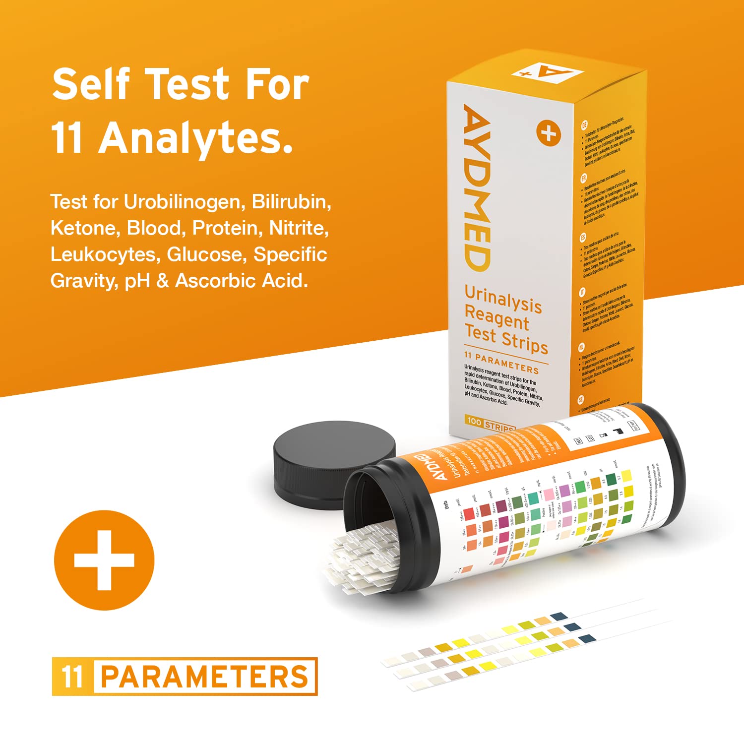 100 x Aydmed 11-in-1 Urinalysis 11 Parameter Urine Test Strips for Urobilinogen, Bilirubin, Ketone, Blood, Protein, Nitrite, Leukocytes, Glucose, Specific Gravity, pH & Ascorbic Acid