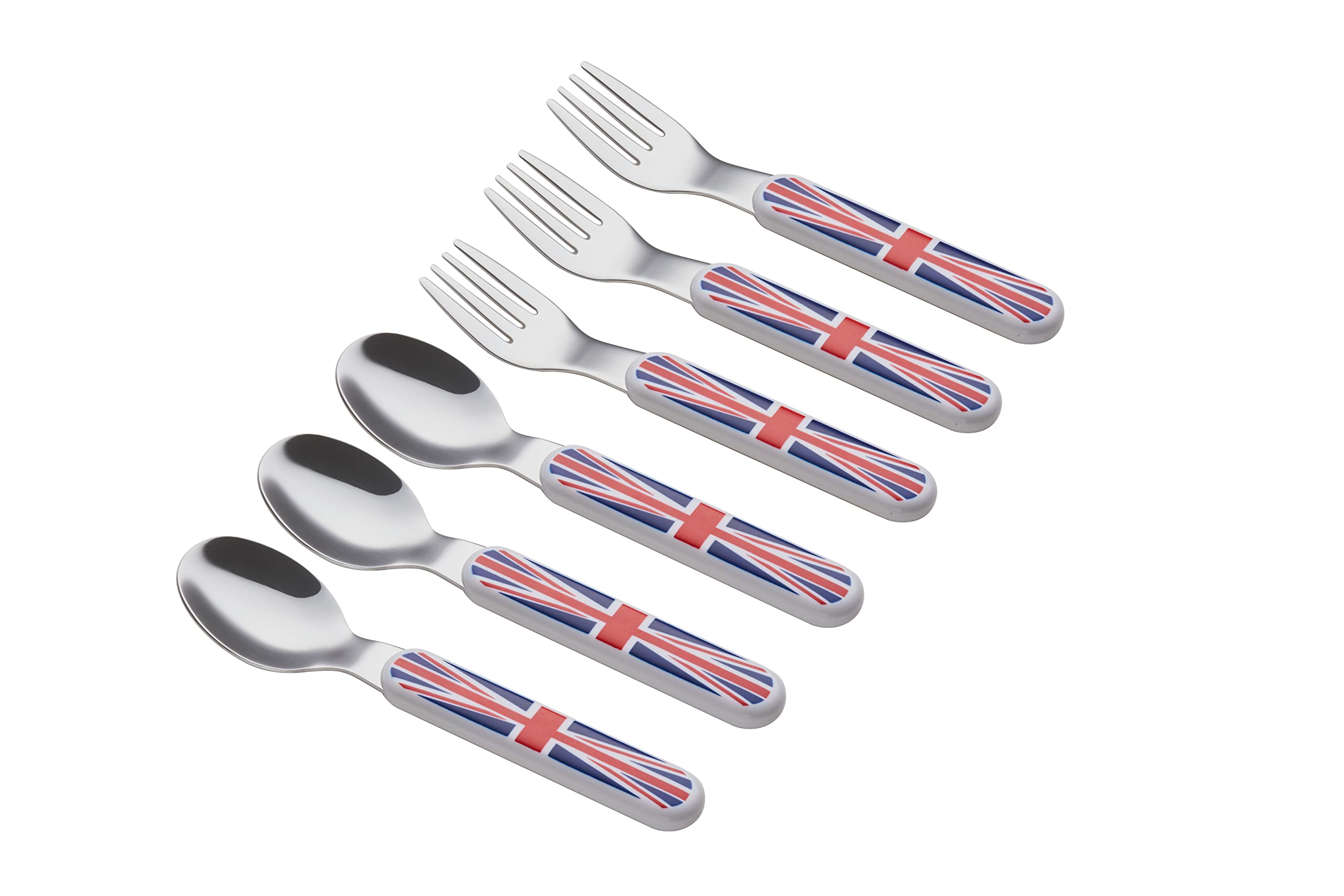 EXZACT Union Jack Kids Cutlery 6pcs Stainless Steel 18/10 Toddler Children's Cutlery - 3 x Forks, 3 x Spoons - BPA Free - Dishwasher Safe - Union Jack