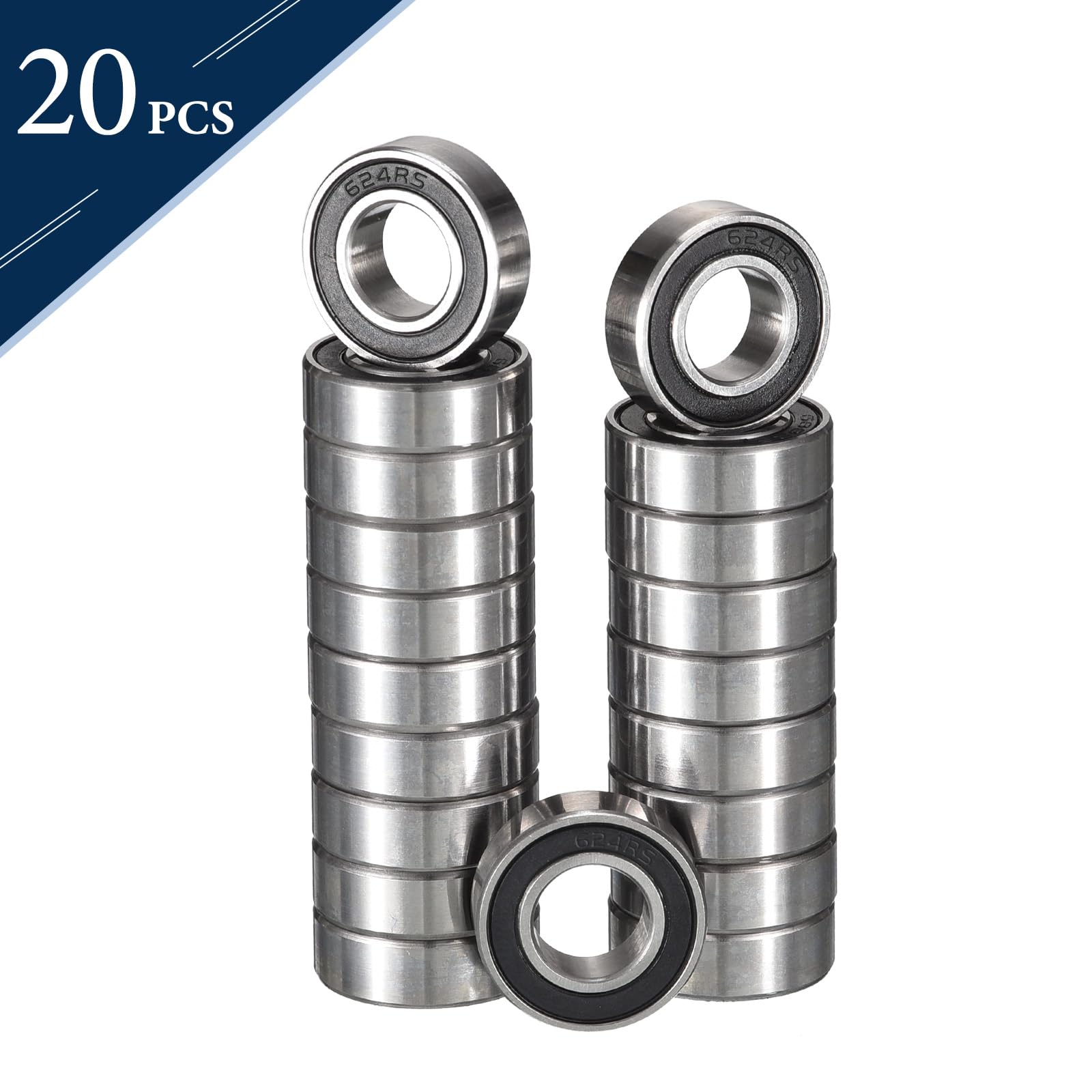 HiPicco 624-2RS Deep Groove Ball Bearings, ID 4mm x OD 13mm x Width 5mm Miniature Bearings, Double Rubber Sealed Ball Bearing Pre-Lubricated Chrome Steel Z2 Lever 20pcs