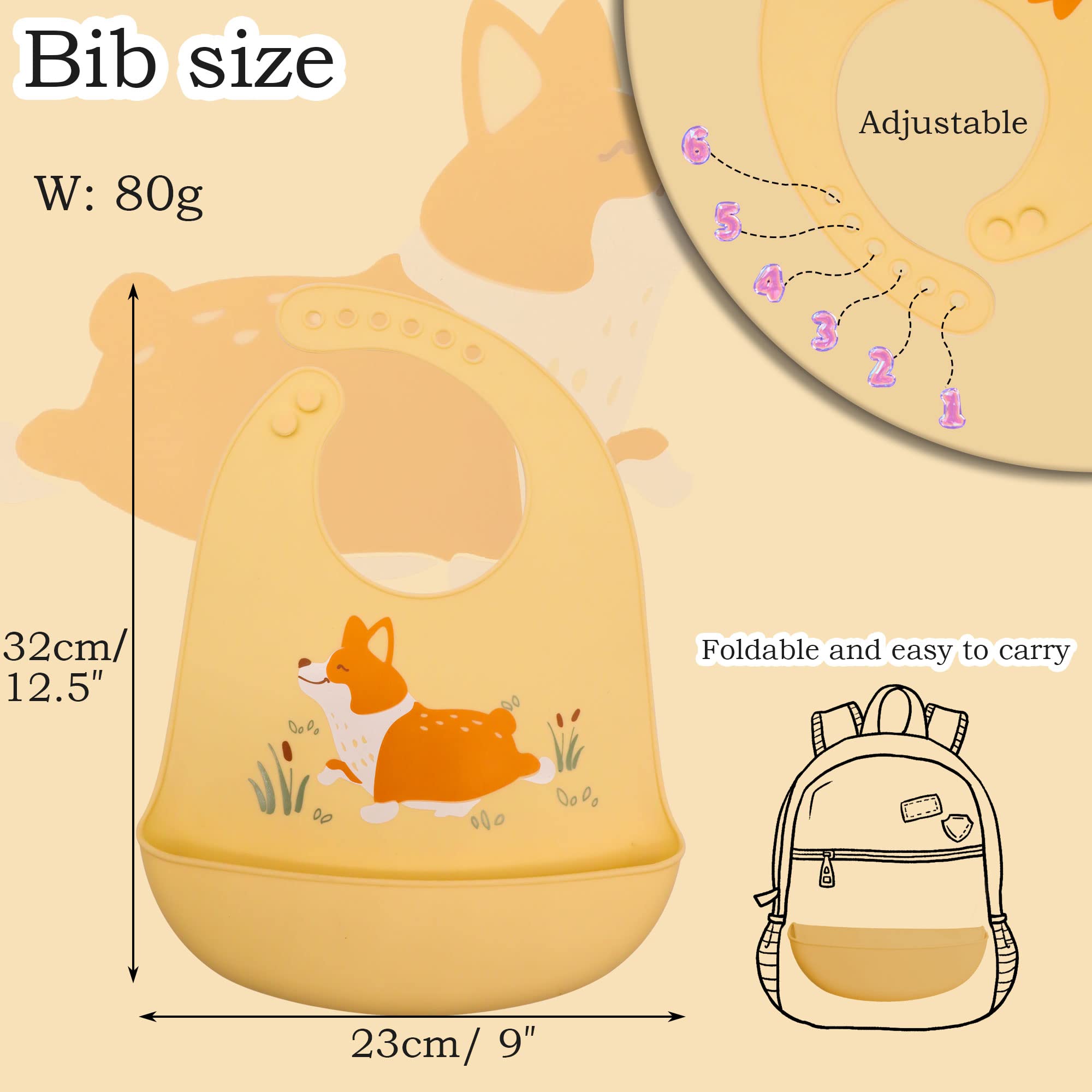 FILOWA Baby Bibs Silicone Feeding Bibs for Babies Weaning Waterproof Wide Food Crumb Catcher Pocket Unisex Kids Soft Easily Wipe Clean Cute Animal Design Machine Washable No-Mess Food Grade,2 Pieces