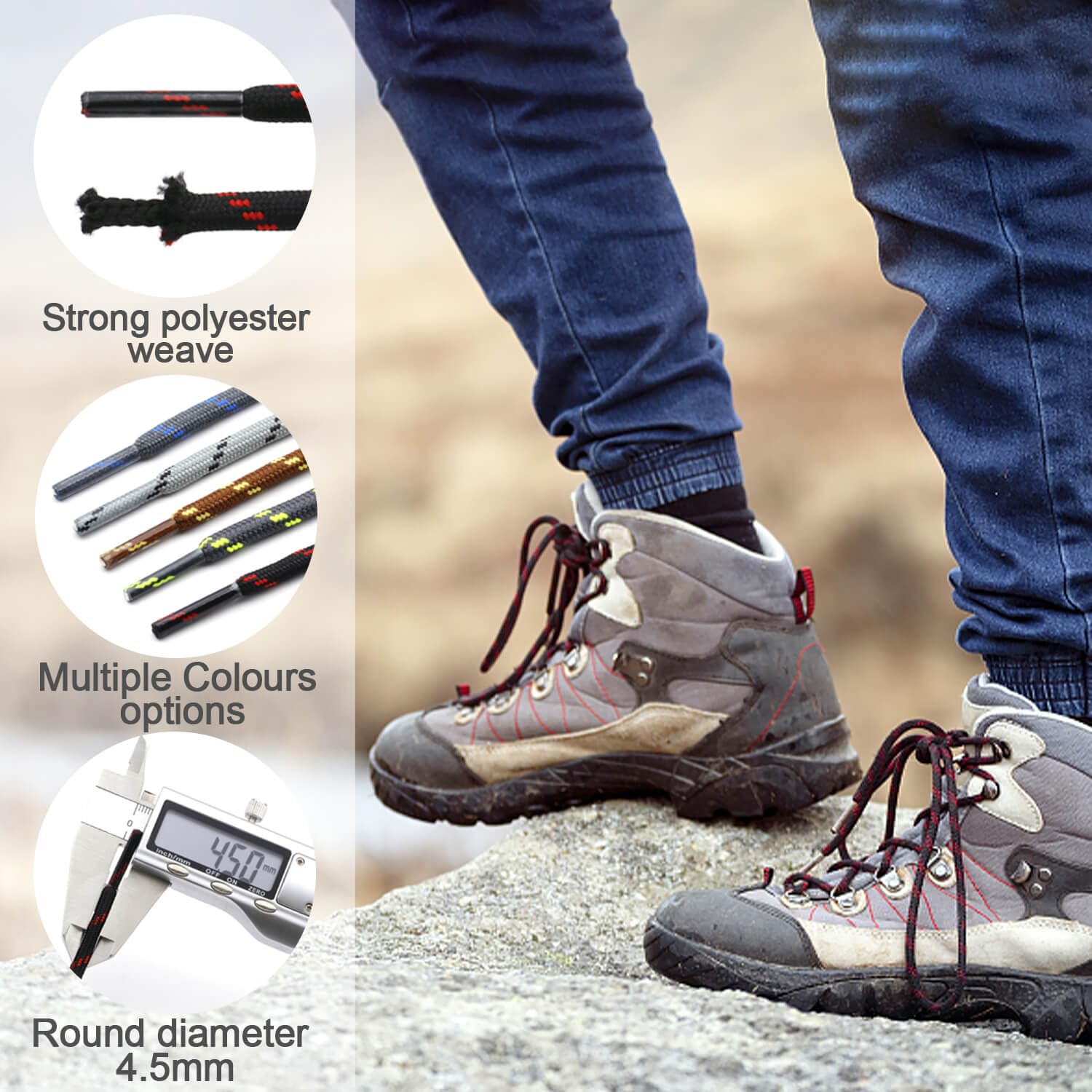 WEGOODZF Round Walking Boot Laces: 4.5MM Thick 120cm Long Light Brown Black Heavy Duty Shoelaces for Outdoor Hiking Shoes Work Boots 2 Pairs Non Slip Safety Bootlaces for Men Women