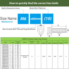 AMLOOPH M6 Screws, M6 X 60mm Allen Socket Head Cap Screws/Bolts - 6mm Diameter Fully Threaded M6 Bolts 60mm A2 Stainless Steel Long Hex Socket Bolt M6 Coarse (Pack Of 10）