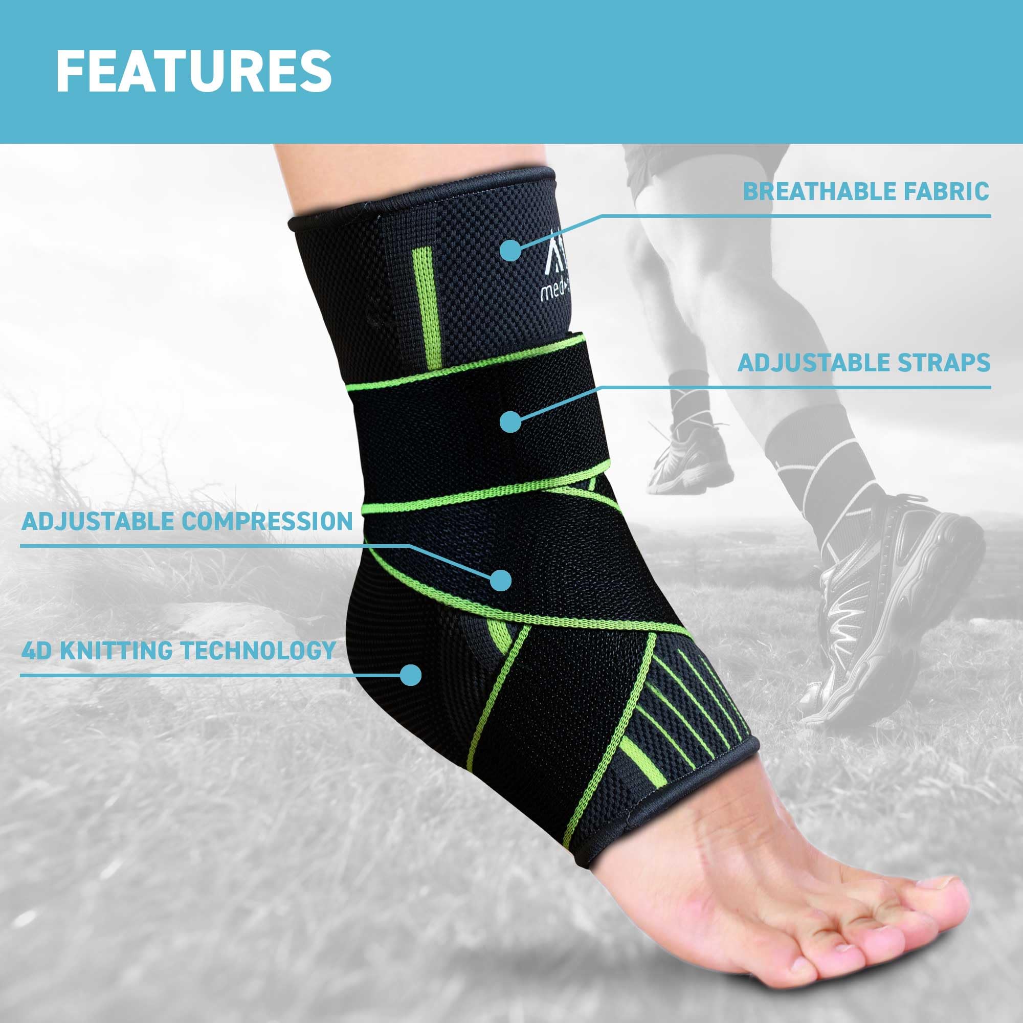 med-fit Stride Flex Adjustable Ankle Support for Men/Women: 4 Way Foot Compression Ankle Brace for Sports & Injuries: Arthritis Pain Relief, Recovery, Plantar Fasciitis Support (1, Green, Small)