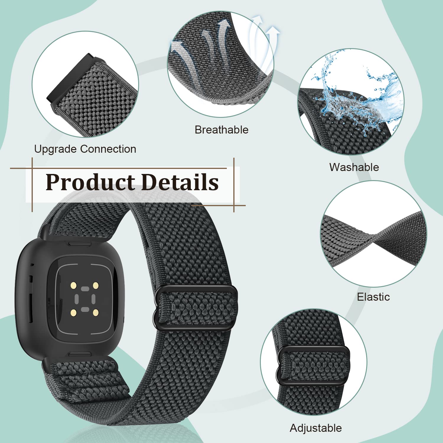 YCHDDER Elastic Nylon Strap Compatible with Fitbit Versa 4/Fitbit Versa 3/ Fitbit Sense 2/Fitbit Sense, Stretchy Adjustable Breathable Fabric Sport Replacement Straps for Women Men