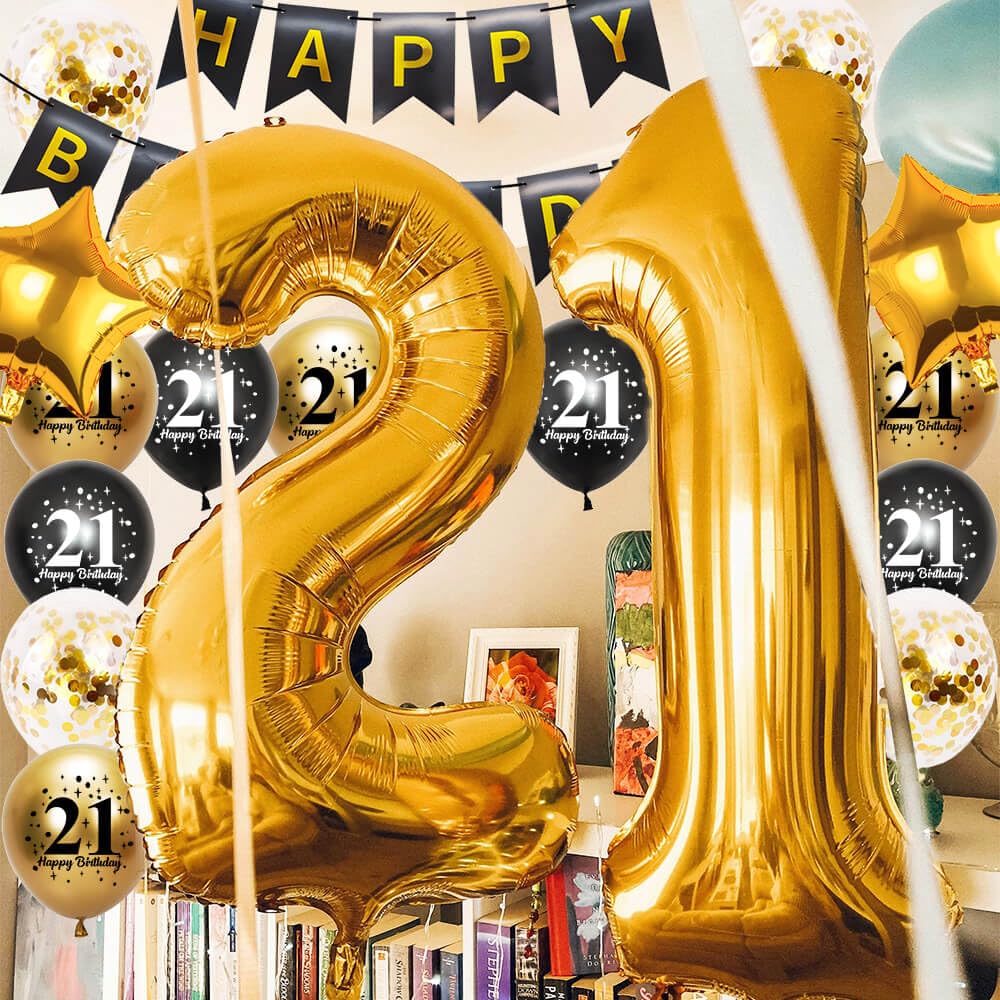 Pargleev 30th Birthday Decorations for Men Women,16in Number 30 Birthday Foil Balloons with Swirl Decorations Happy Birthday Banner and Star Foil Balloons 12PCS Confetii and Latex Balloons Black Gold