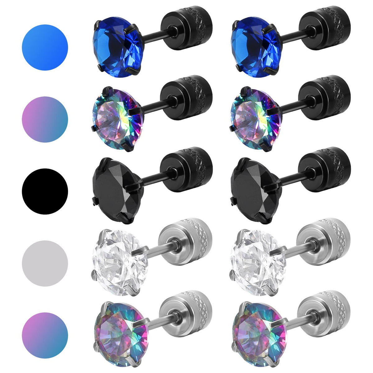 Firtink 5 Pair Titanium Earrings Screw Back Surgical Steel Earrings Stud Earrings for Men Women Hypoallergenic Rainbow 5A Cubic Zirconia Double Side Earrings Sleeper Earrings