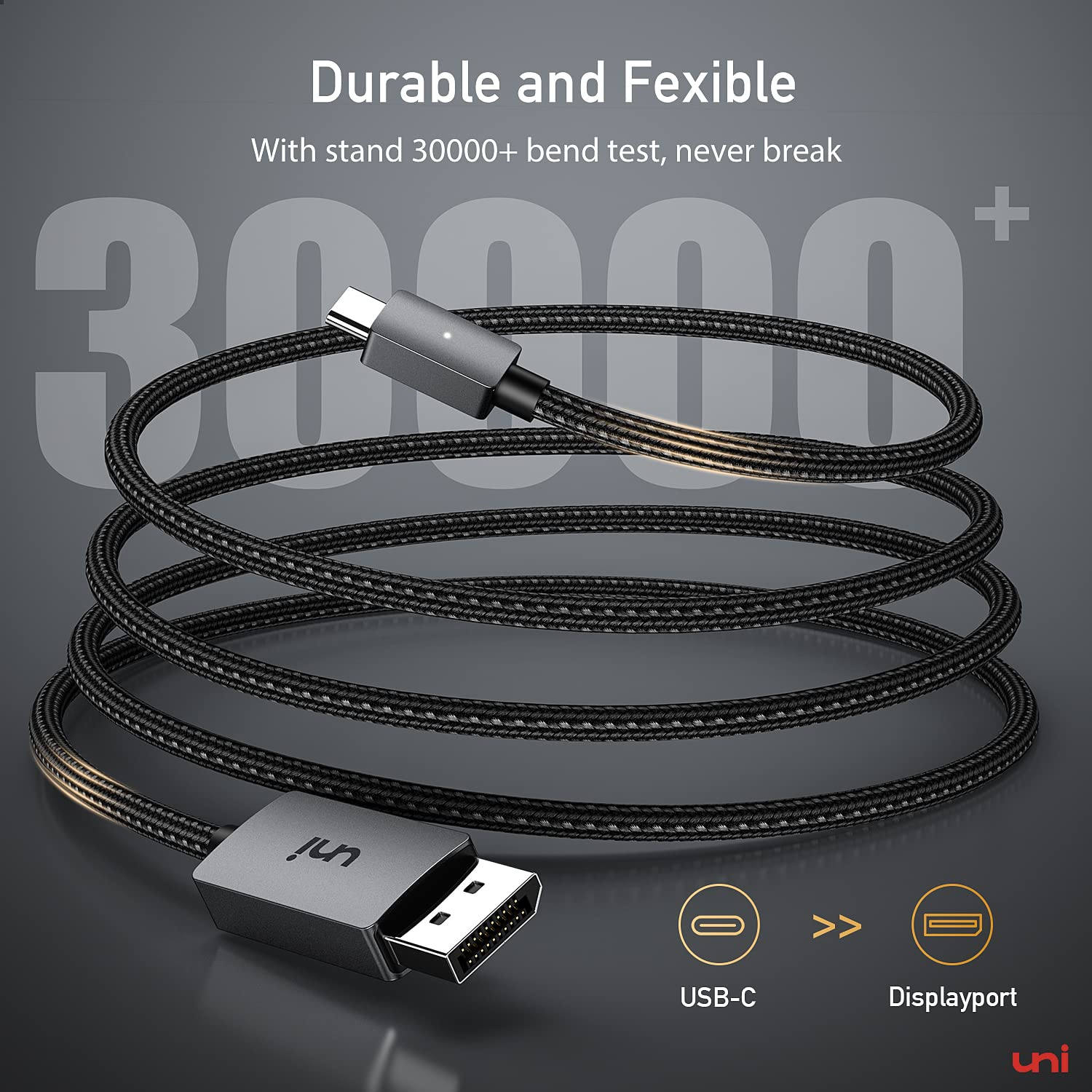 uni USB C to DisplayPort Cable 3ft [8K@60Hz 4K@144Hz 5K@60Hz 2K@240Hz], Thunderbolt 3/4 to DP 1.4 Cable 32.4Gbps, Compatible with MacBook Pro 2021/Air 2020, Mac Mini, iPad Pro, iMac, XPS, S21 etc.