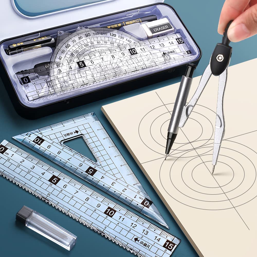 MHwan Maths Set, Metal Durable Outer Box Geometry Sets, Protractor and Compass Set with Ruler Protractor Eraser, for School Students Maths and Home Education (Black)