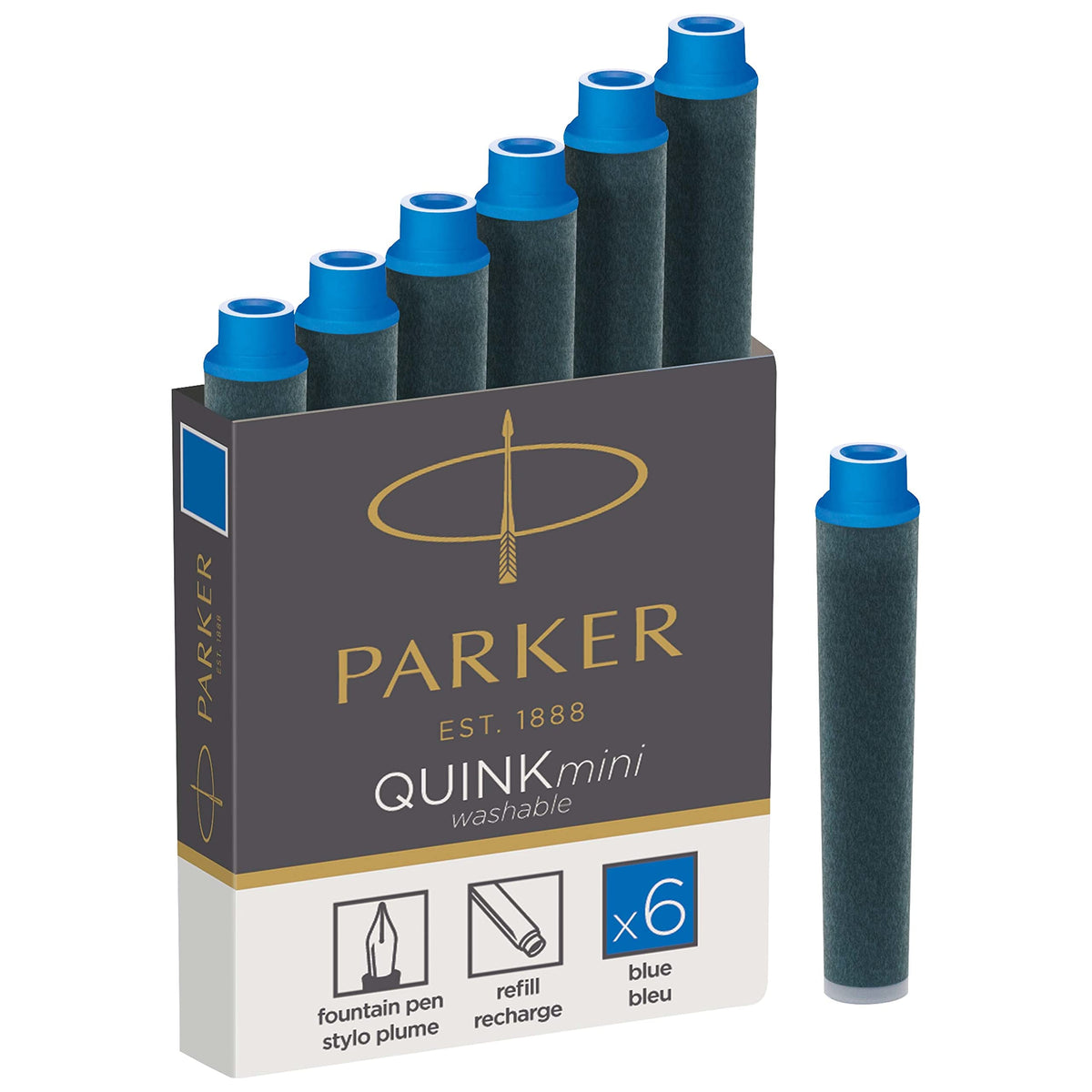 Parker Mini Fountain Pen Ink Refill Cartridges   Blue QUINK Ink   6 Count