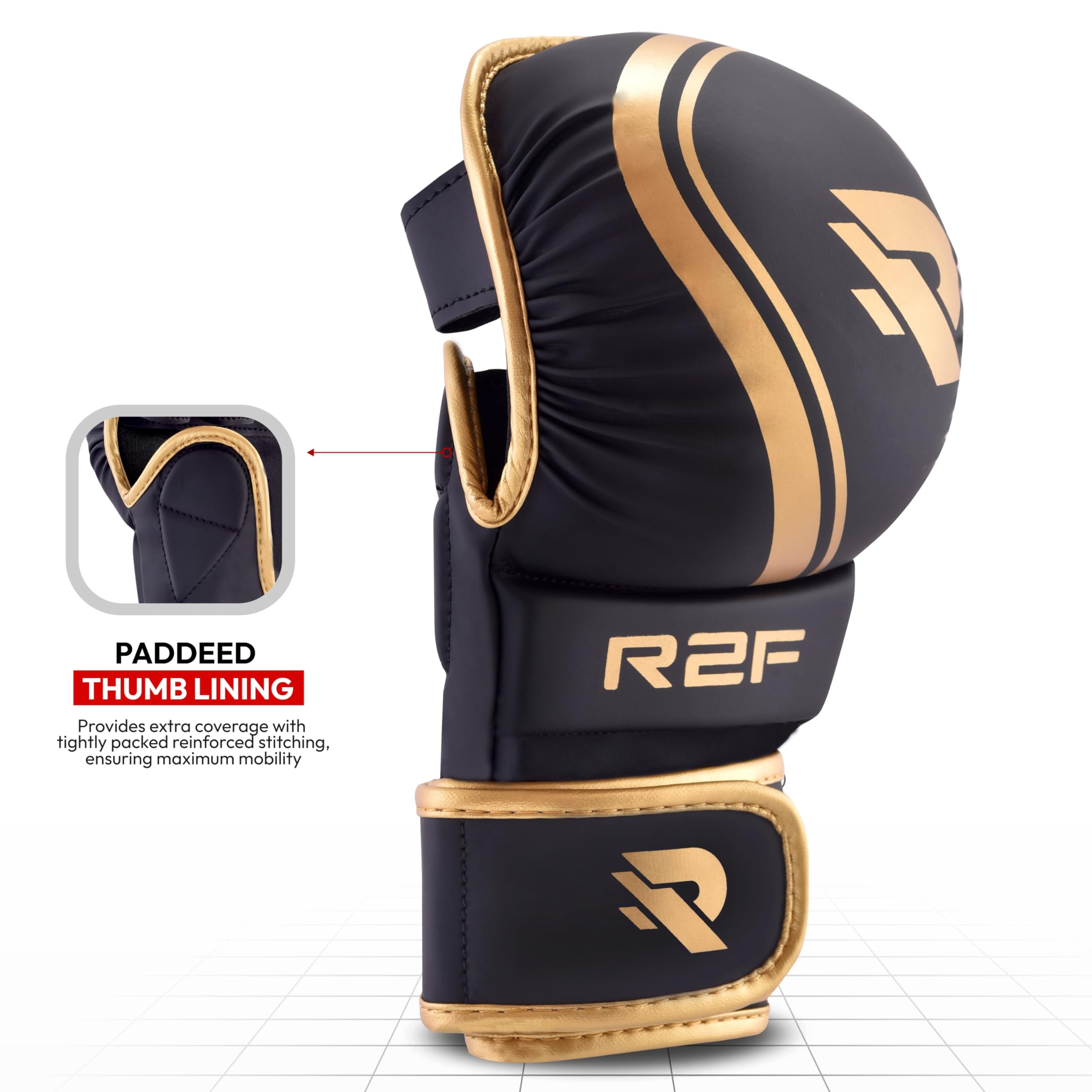 R2F MMA Gloves Grappling Training Sparring Fighting, Martial Arts Open Palm Mitts Men Women, Adjustable Wrist Support Vegan Leather, UFC Cage Fighting Combat Sports Boxing, Muay Thai