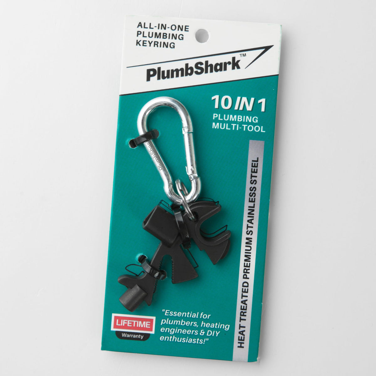 PLUMBSHARK 10 in 1 Plumbing & Heating Keyring Multitool - #10 Essential Plumbers Tools Including Radiator Key, Gas Box Key, Small Spanner for Drain Off Valve, Pump Valves, Radiator Valves and More