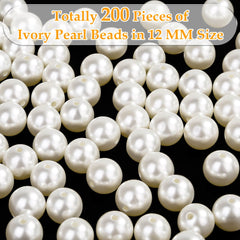 Pearl Beads for Craft, Anezus 200pcs Ivory Faux Fake Pearls, 12 MM Sew on Pearl Beads with Holes for Jewelry Making, Bracelets, Necklaces, Hairs, Crafts, Decoration and Vase Filler