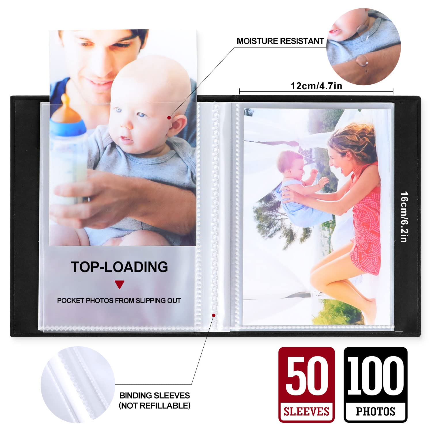 Benjia Small Photo Album 6x4 2 Packs, Each Pack Holds 100 Pockets, Slip In Mini Leather Top Loading Photo Albums Holds Portrait Only 10x15cm Picture Silver