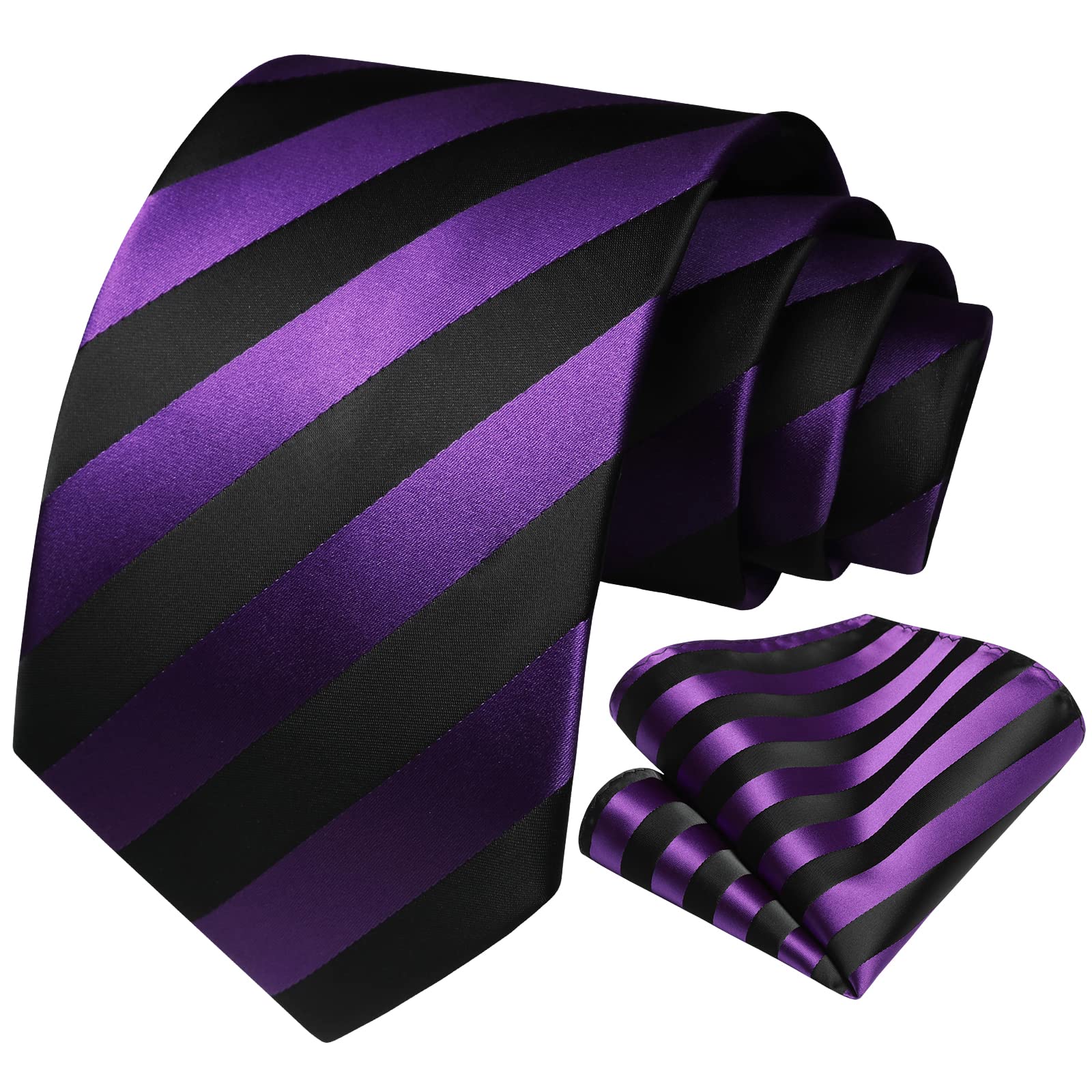 HISDERN Men's Striped Ties Purple Tie and Pocket Square Set Formal Classic Elegant Necktie & Handkerchief for Business Wedding Party