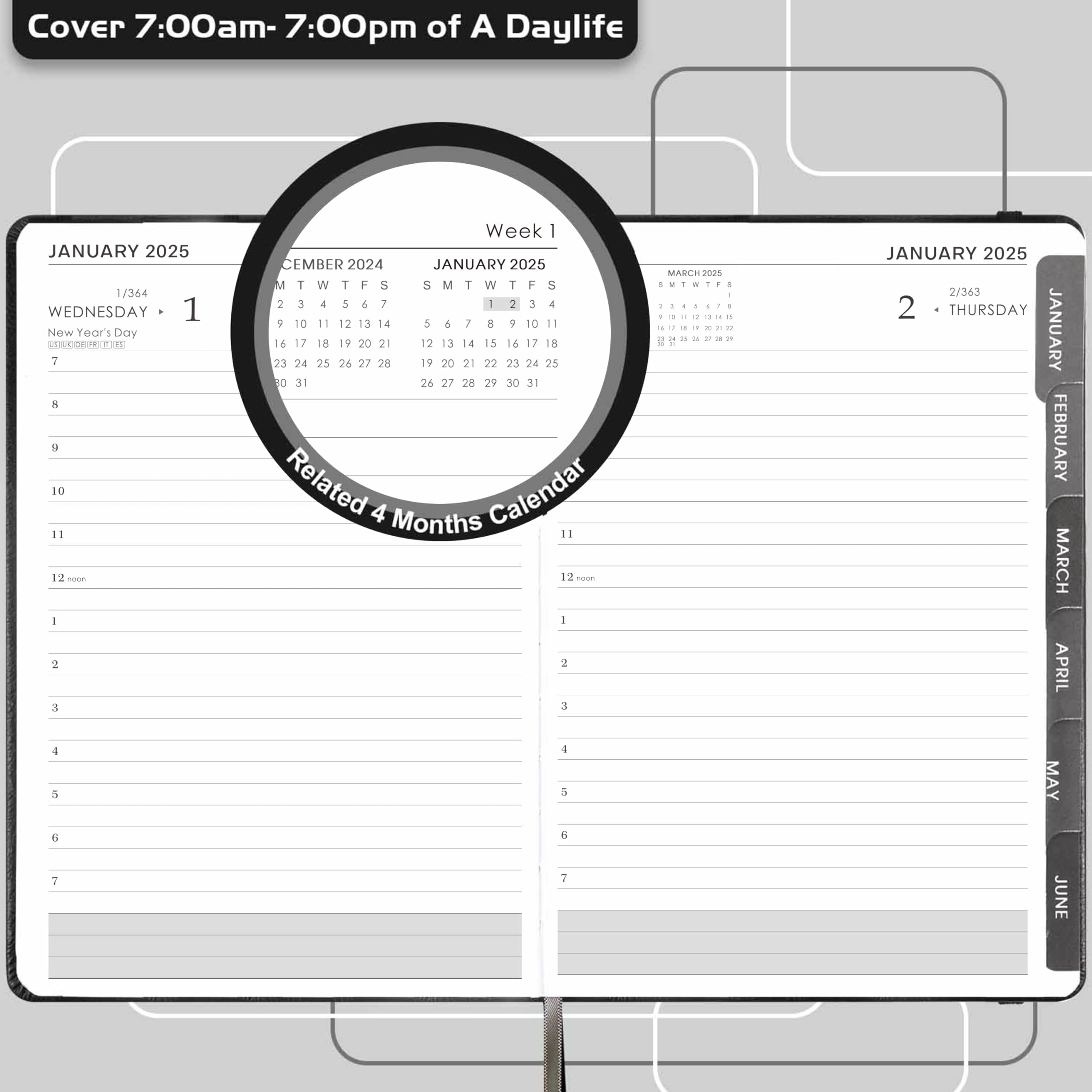 Academic Diary 2024-2025 - Diary 2024-2025 A5 Page A Day from July 2024 to June 2025, Productivity Daily Planner with Monthly Tabs, Inner Pocket, Grey, Banded,14.3 X 21 cm