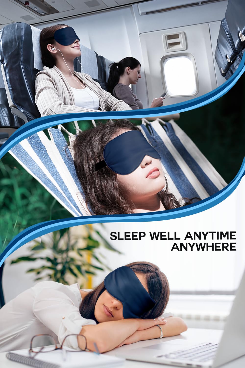 Aosun Silk Sleep Mask, Eye Mask, 22Momme 100 Percent Pure Mulberry Silk Blackout Anti-Allergy Natural Silk Eye Mask with Adjustable Headband, Suitable for Men and Women (Black) (Blue), 1