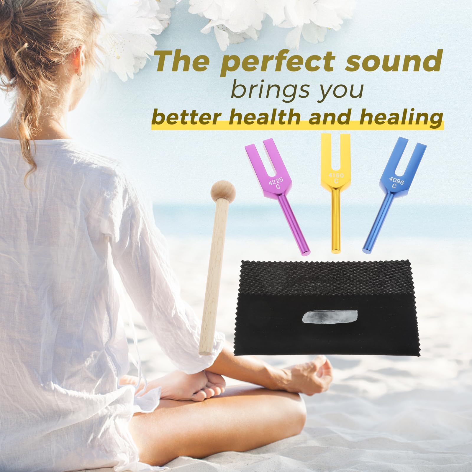 DRELD Angelic Tuning Forks Set - 4096 Hz, 4160 Hz, 4225 Hz Tuning Fork Ideal for Sound Healing, Meditation and Therapy, with Crystal, Silicone Hammer and Storage Bag